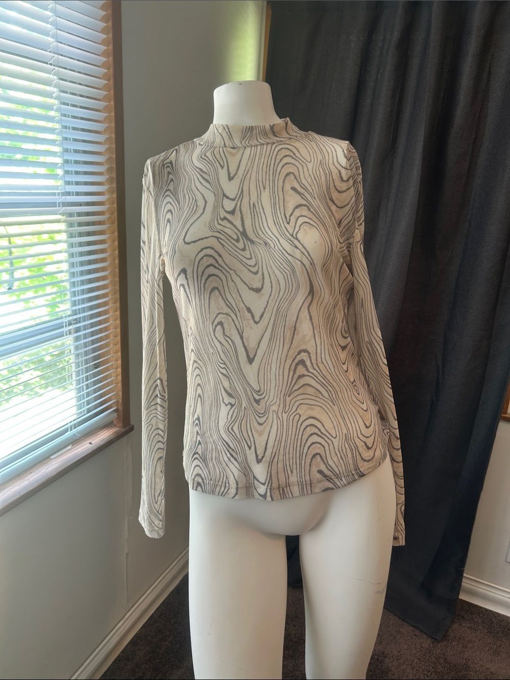 Black Tape Neutral Sheer Swirl Print Long-Sleeve Top